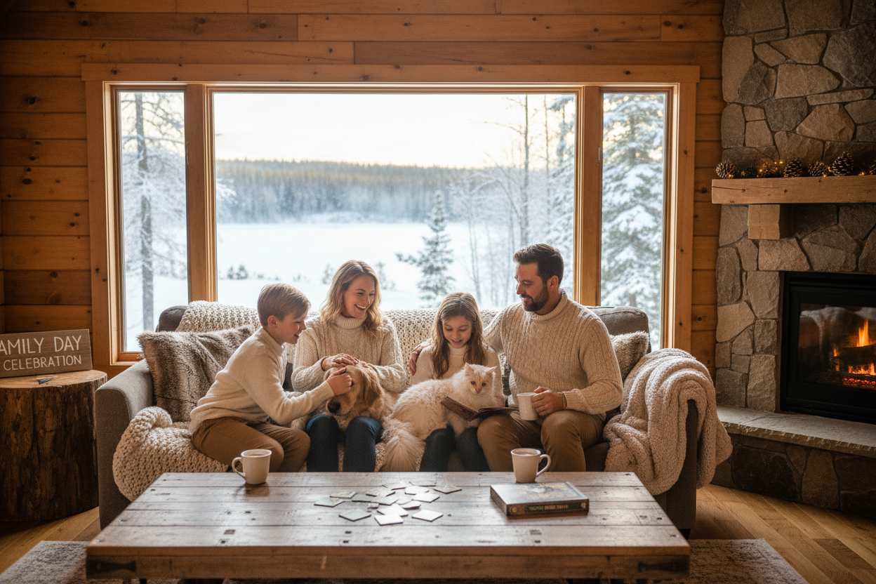 Canadian family celebrating Family Day in Ontario with dog and cat in cozy home setting