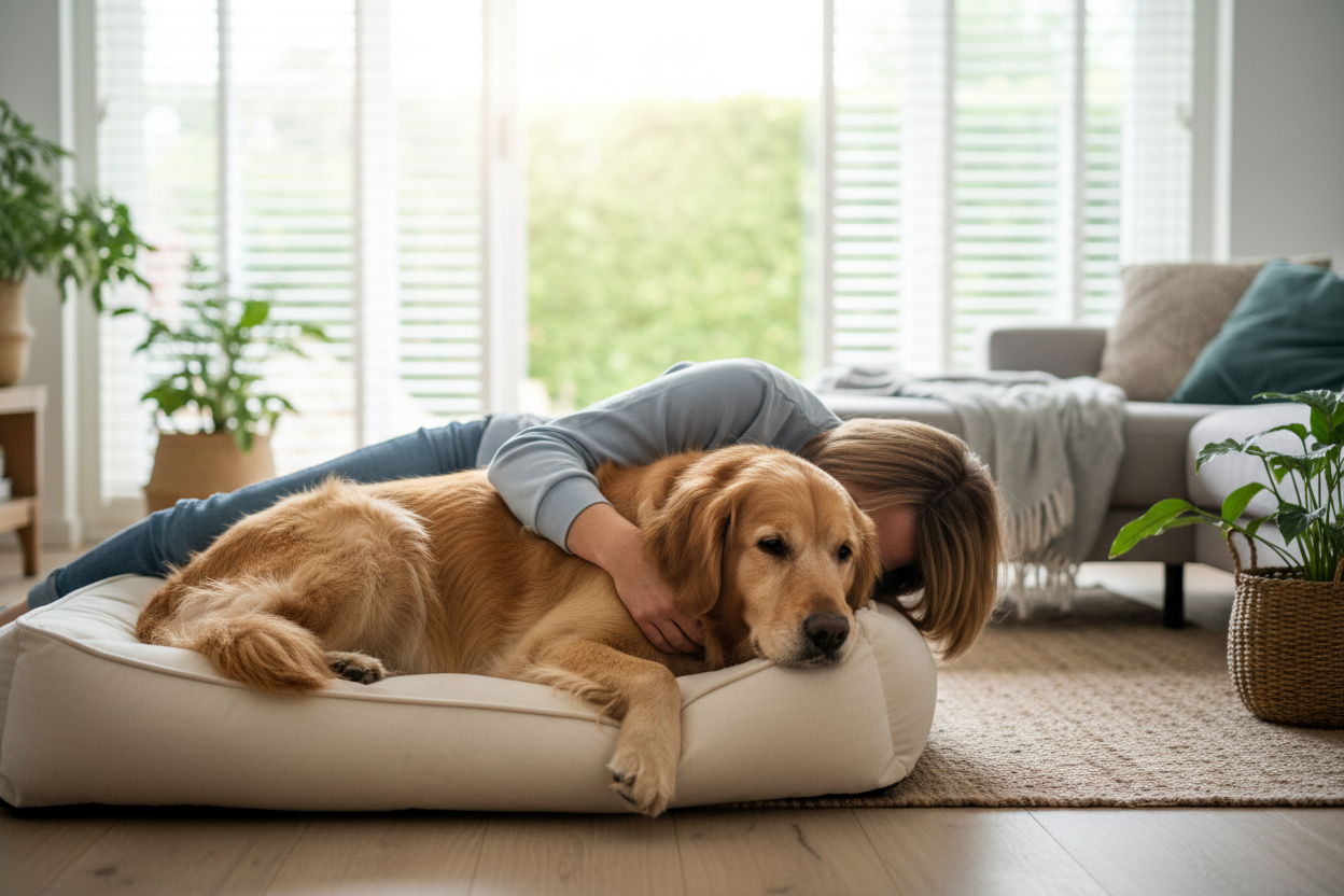 Dog not feeling well after diarrhea and their human pet parent comforting them