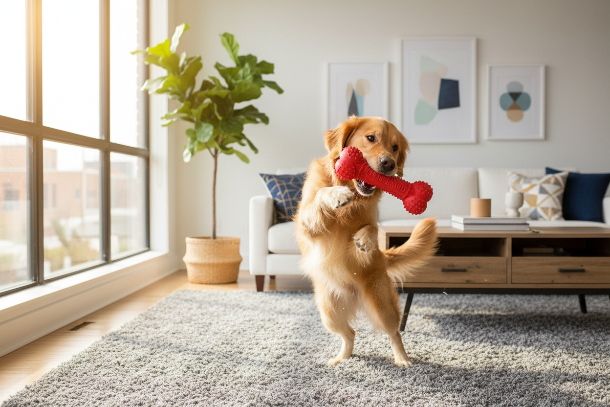 Happy dog playing with long lasting durable rubber toy in living room