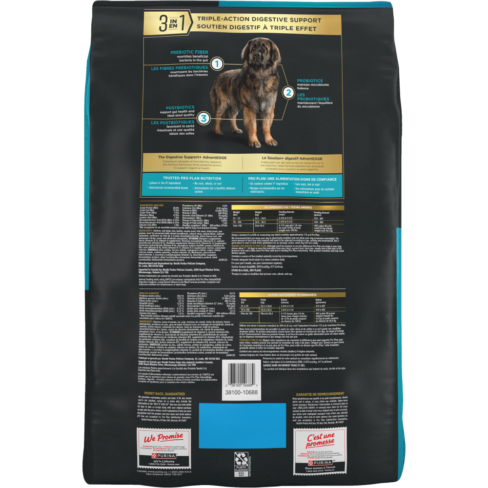 Purina Pro Plan AdvantEDGE Digestive Support+ Large Breed Salmon & Oat Meal Formula Adult Dry Dog Food - back of bag