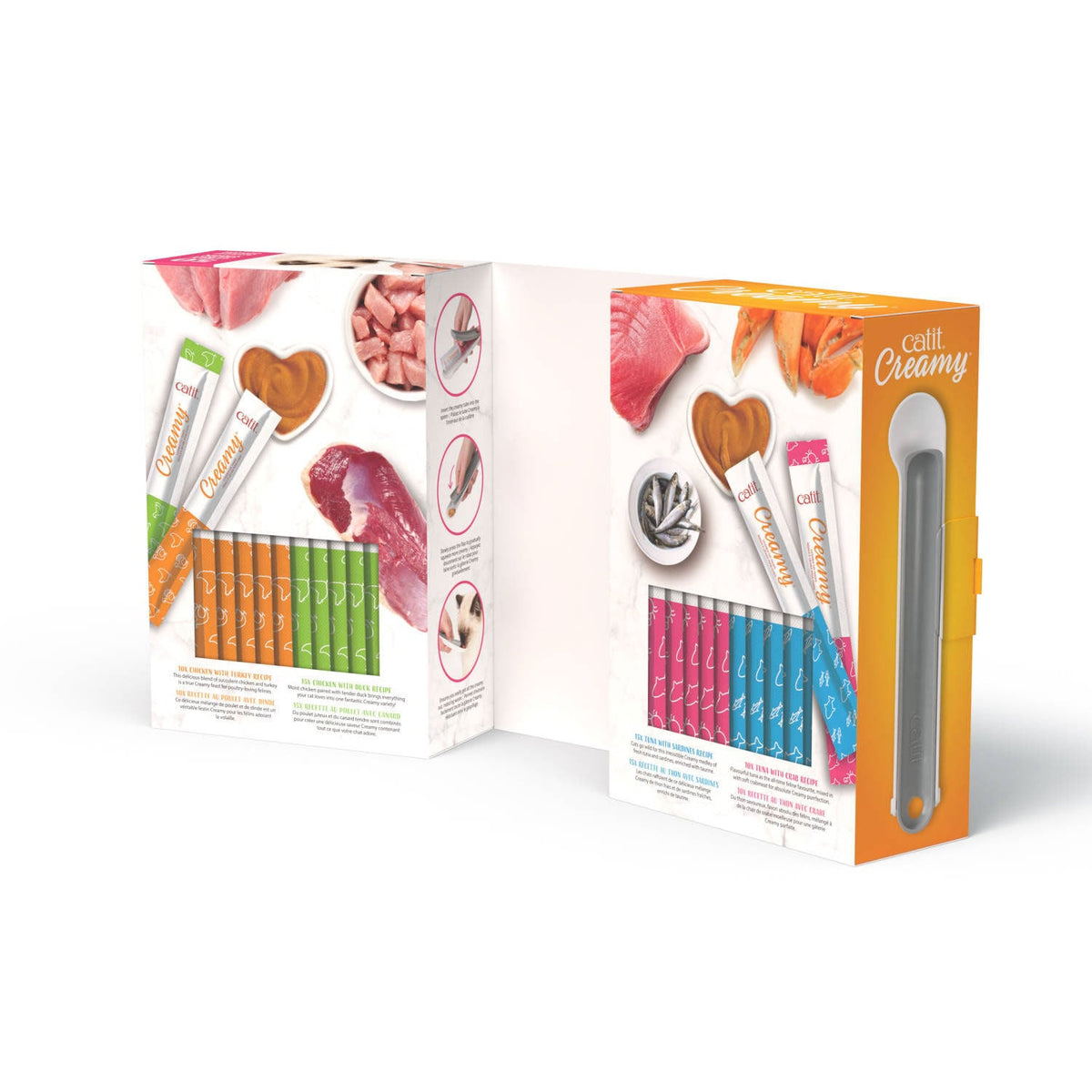 Catit Creamy Lickable Cat Treats Party Pack with Spoon - open book-style box with tubes and Creamy Spoon - PetMax Canada