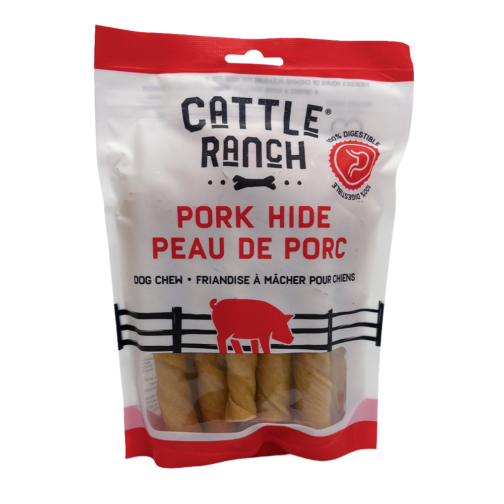 Burgham Cattle Ranch Porkhide Twist Stick Dog Chews - 5" x 22mm 10 pack front - PetMax Canada