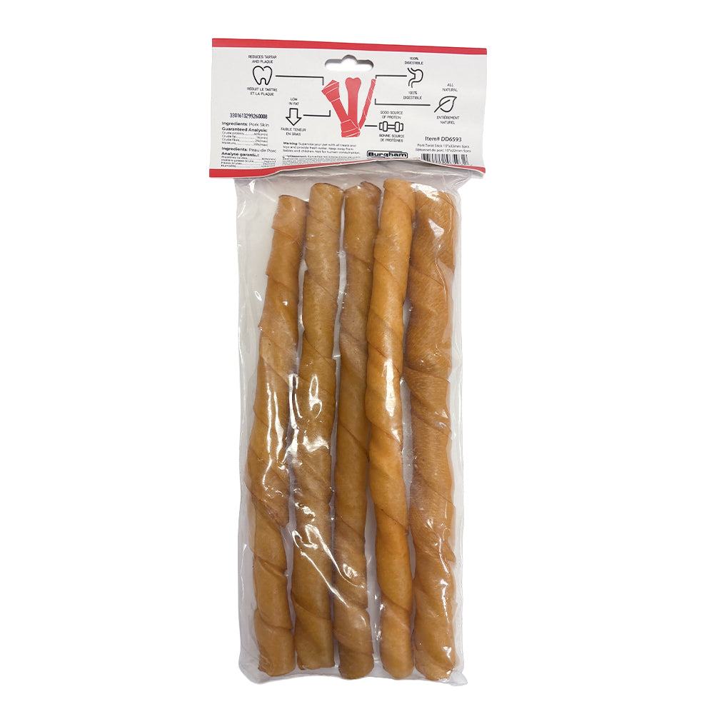 Burgham Cattle Ranch Porkhide Twist Stick Dog Chews - 10" x 22mm 5 pack back of header card - PetMax Canada