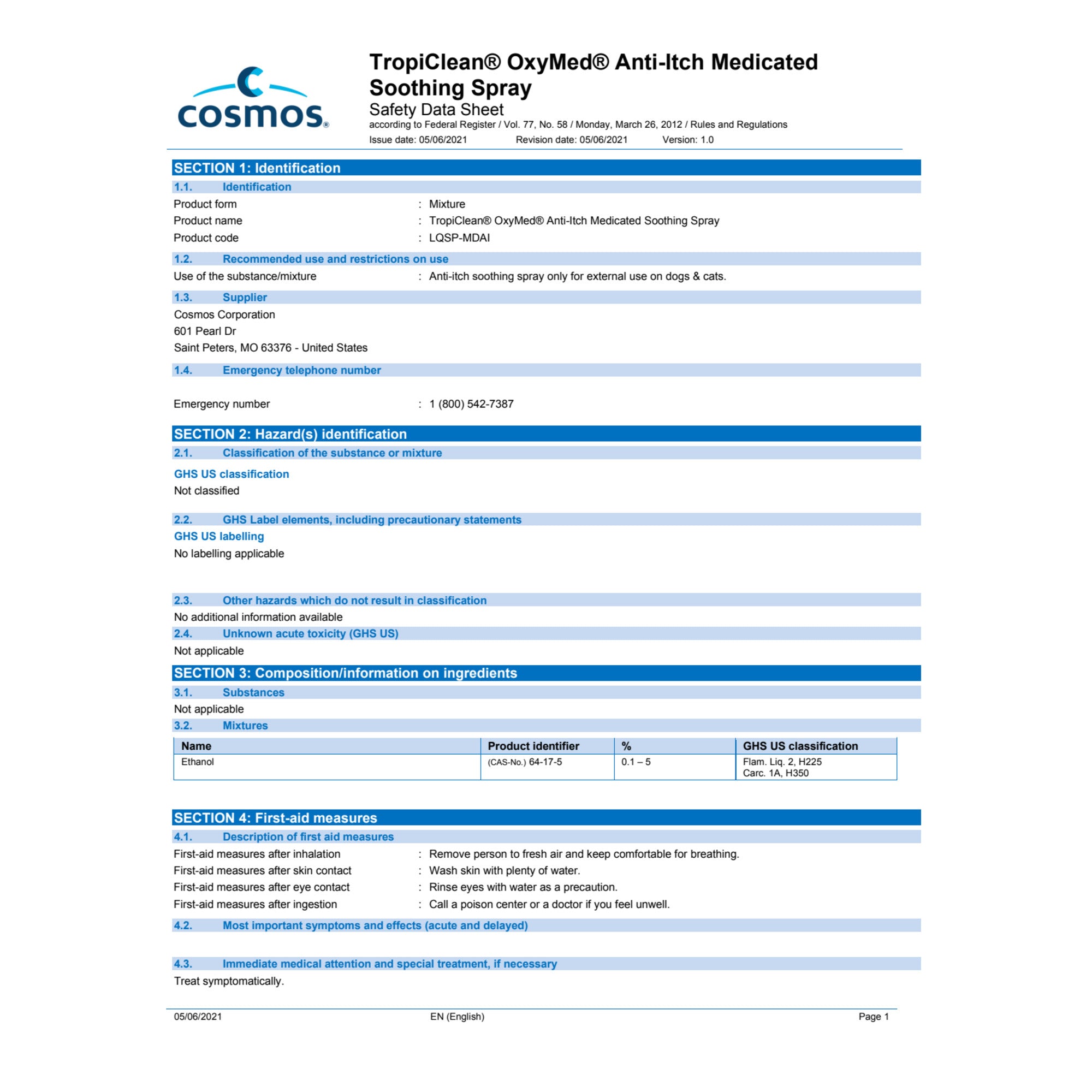 TropiClean Oxymed Medicated Anti Itch Spray for Pets