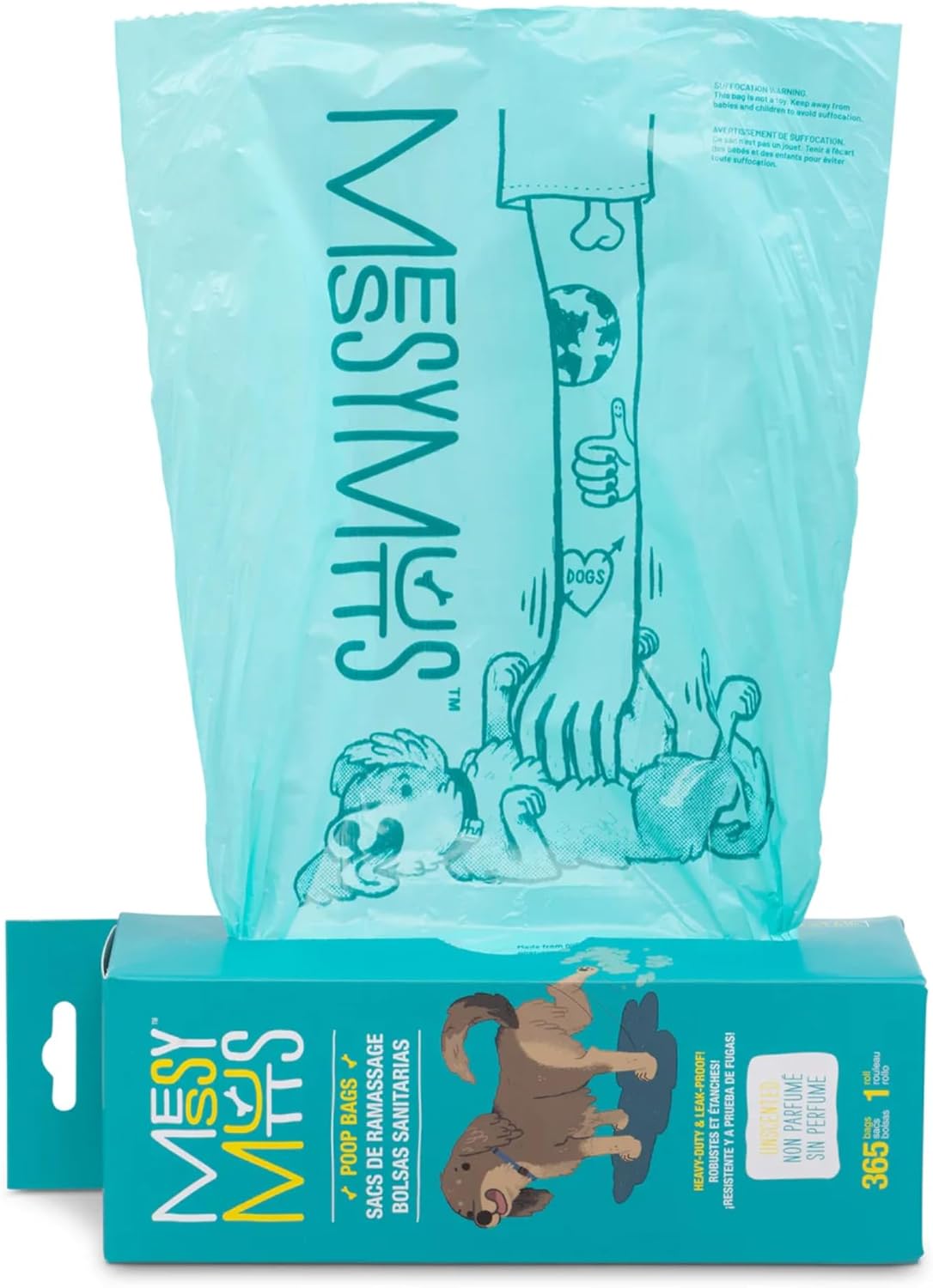 Teal package of Messy Mutts doggy bags with illustrations on a white background