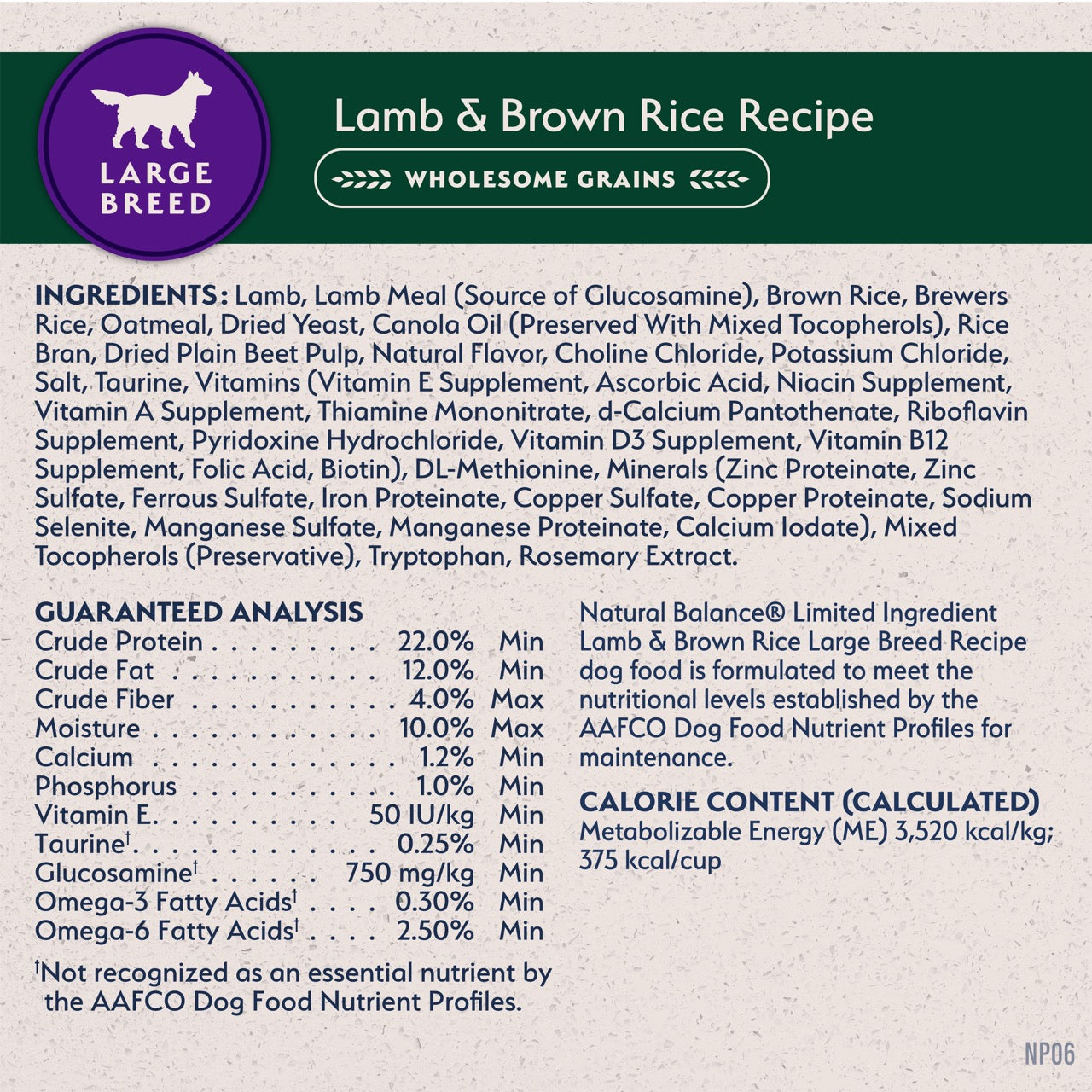 Nourriture pour chiens de grande race à base d'ingrédients limités Natural Balance Agneau et riz