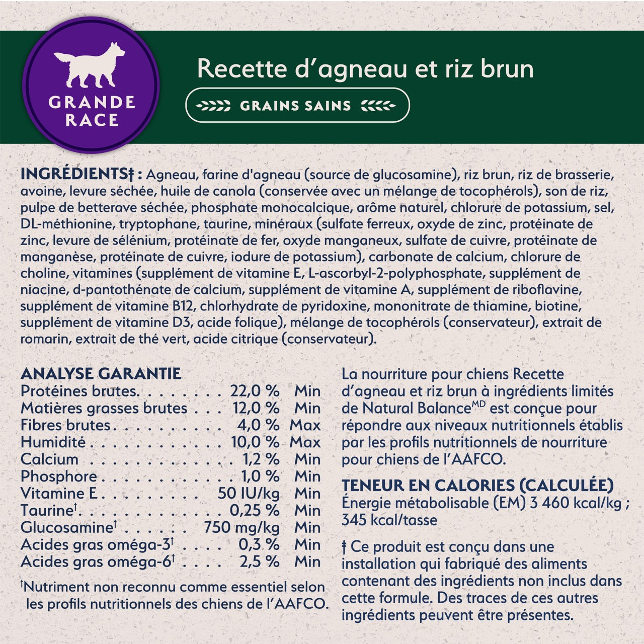Nourriture pour chiens de grande race à base d'ingrédients limités Natural Balance Agneau et riz