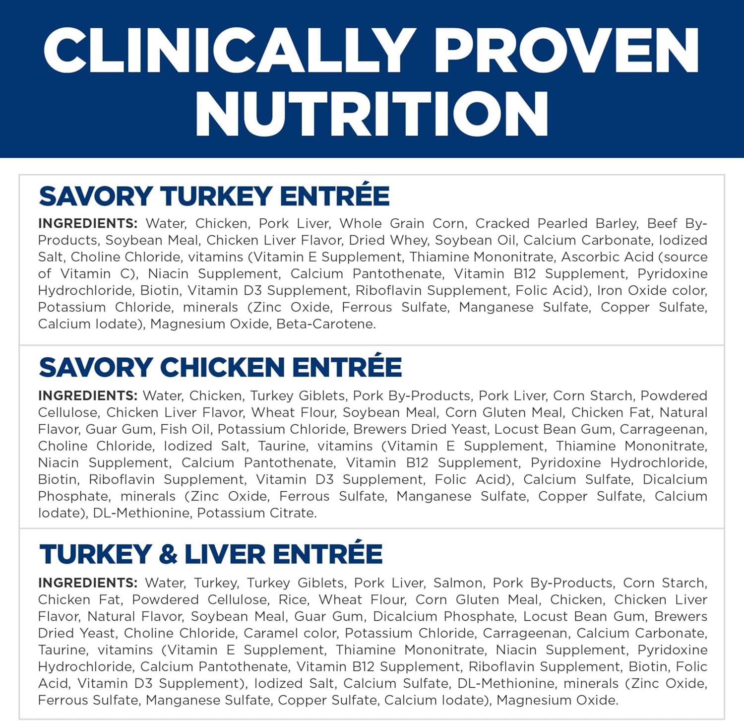 Nutritional label for savory turkey, chicken, and turkey liver entrees with ingredients listed.