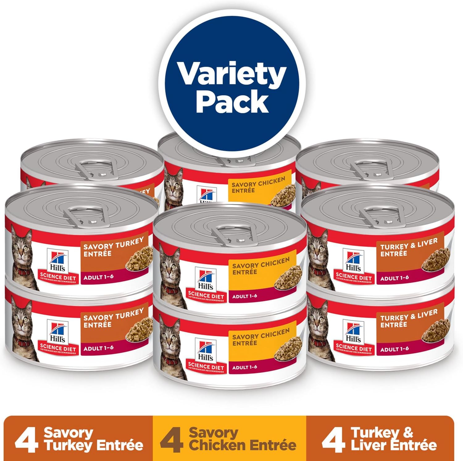 Hill's Science Diet cat food variety pack on a white background