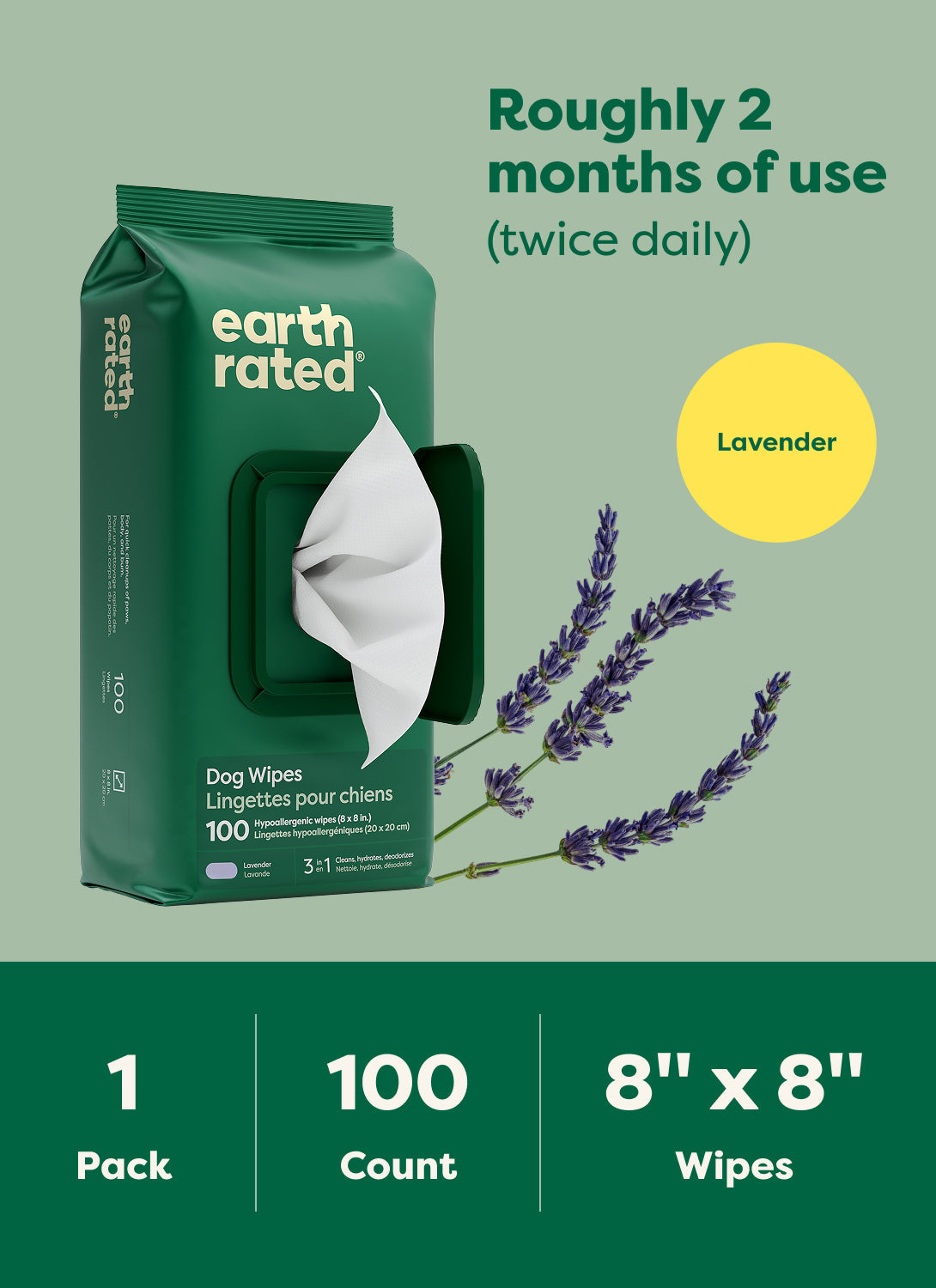 Earth Rated 3-in-1 All Purpose Dog Grooming Wipes - Lavender Scented - 100 Wipes Pack, 8 x 8 Inch Wipes - PetMax Canada