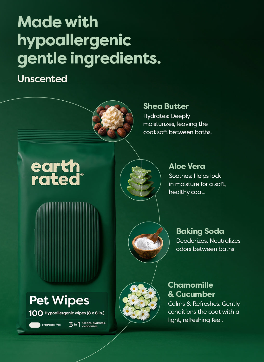 Earth Rated 3-in-1 All Purpose Dog Grooming Wipes - Unscented - Gentle Ingredients Shea Butter, Aloe, Baking Soda, Chamomile and Cucumber - PetMax Canada