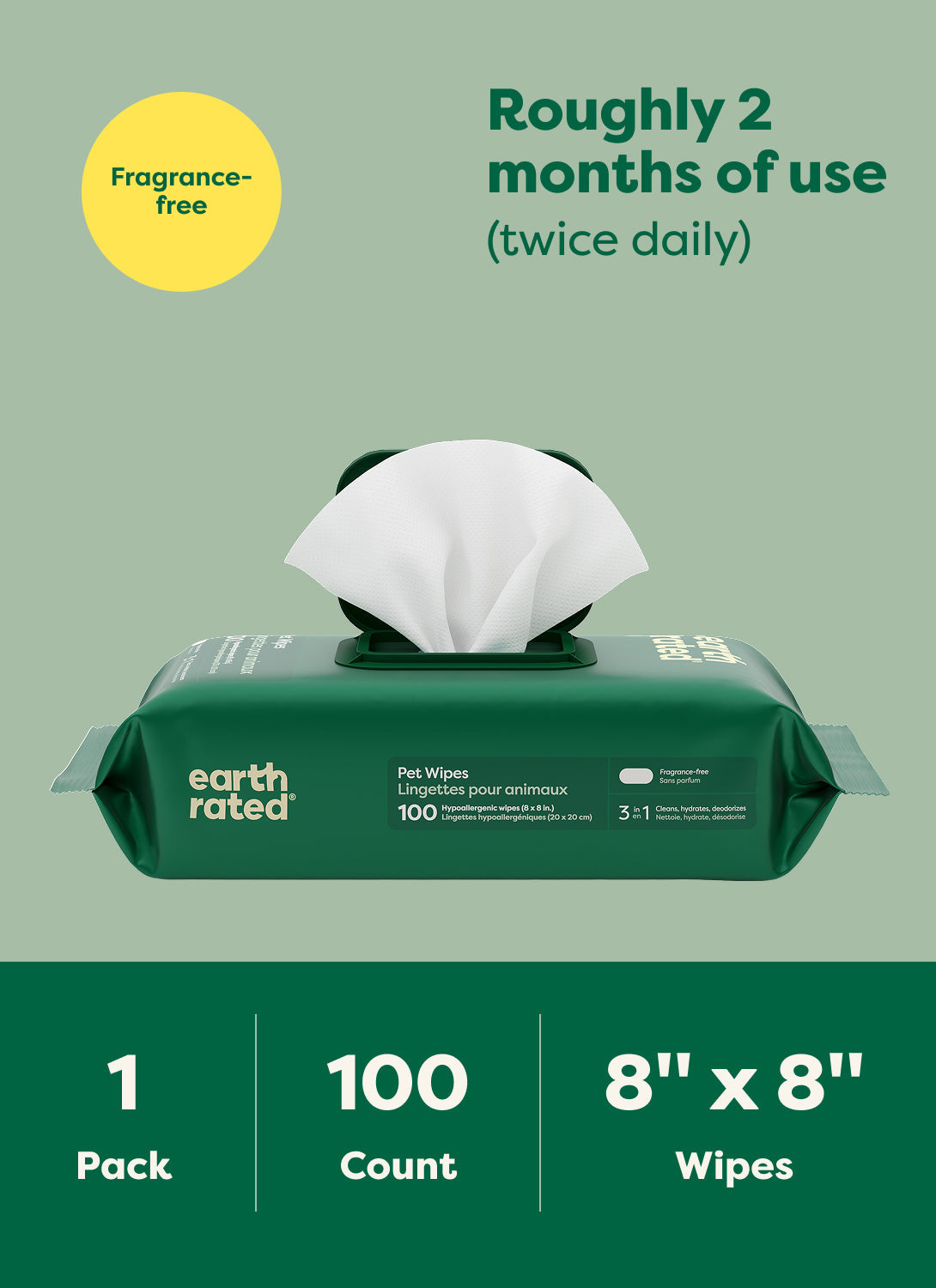 Earth Rated 3-in-1 All Purpose Dog Grooming Wipes - Unscented - 100 Wipes Pack, 8 x 8 Inch Wipes - PetMax Canada