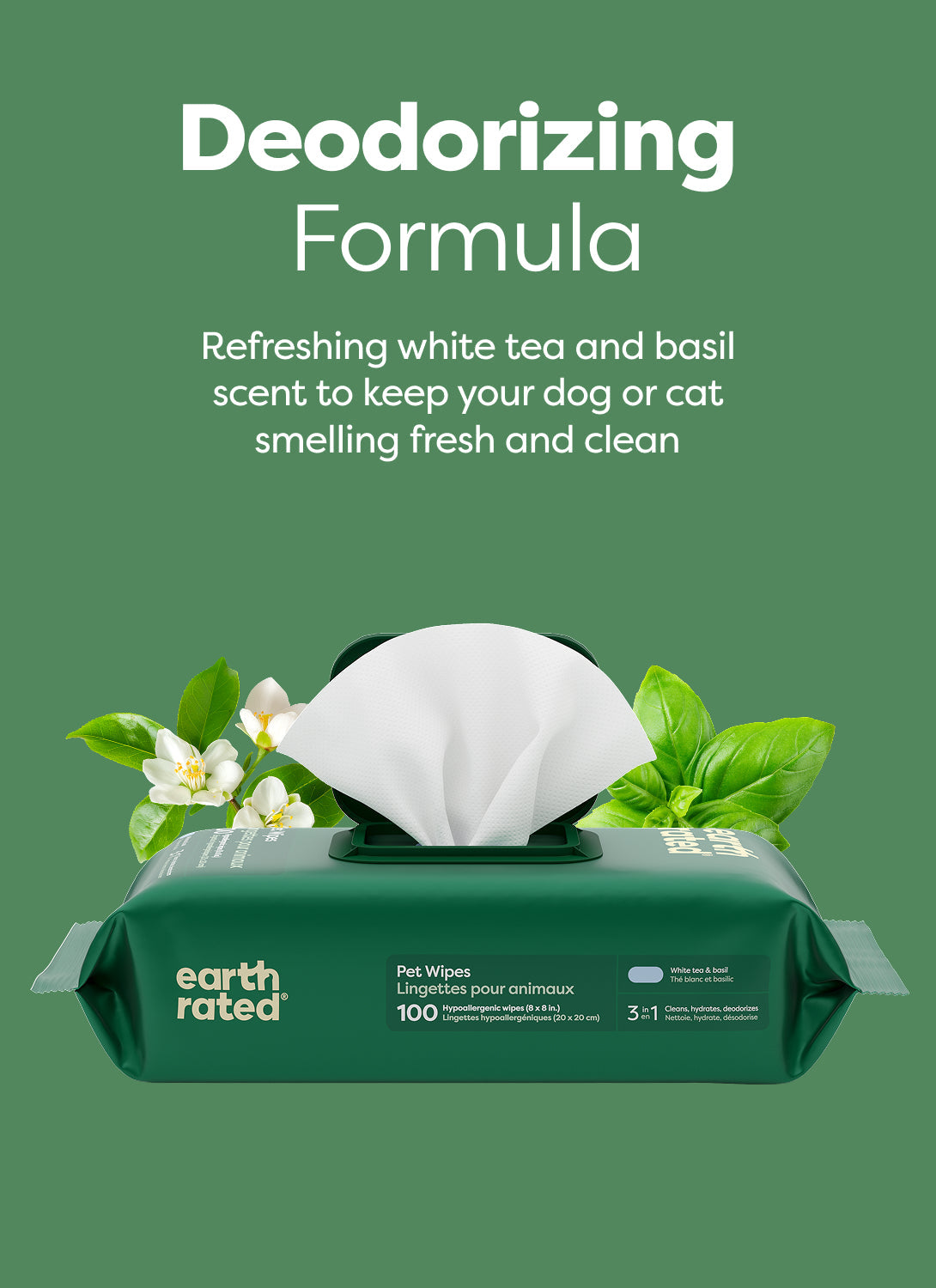 Earth Rated 3-in-1 All Purpose Dog Grooming Wipes - White Tea & Basil Scented - Deodorizing Formula with White Tea and Basil Scent - PetMax Canada