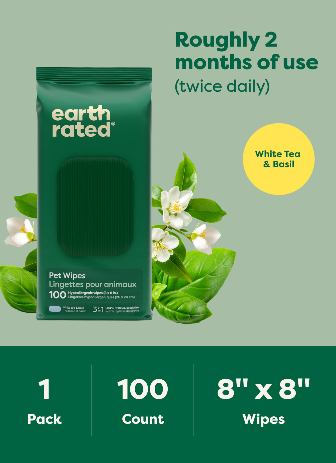 Earth Rated 3-in-1 All Purpose Dog Grooming Wipes - White Tea & Basil Scented - 100 Wipes Pack, 8 x 8 Inch Wipes - PetMax Canada