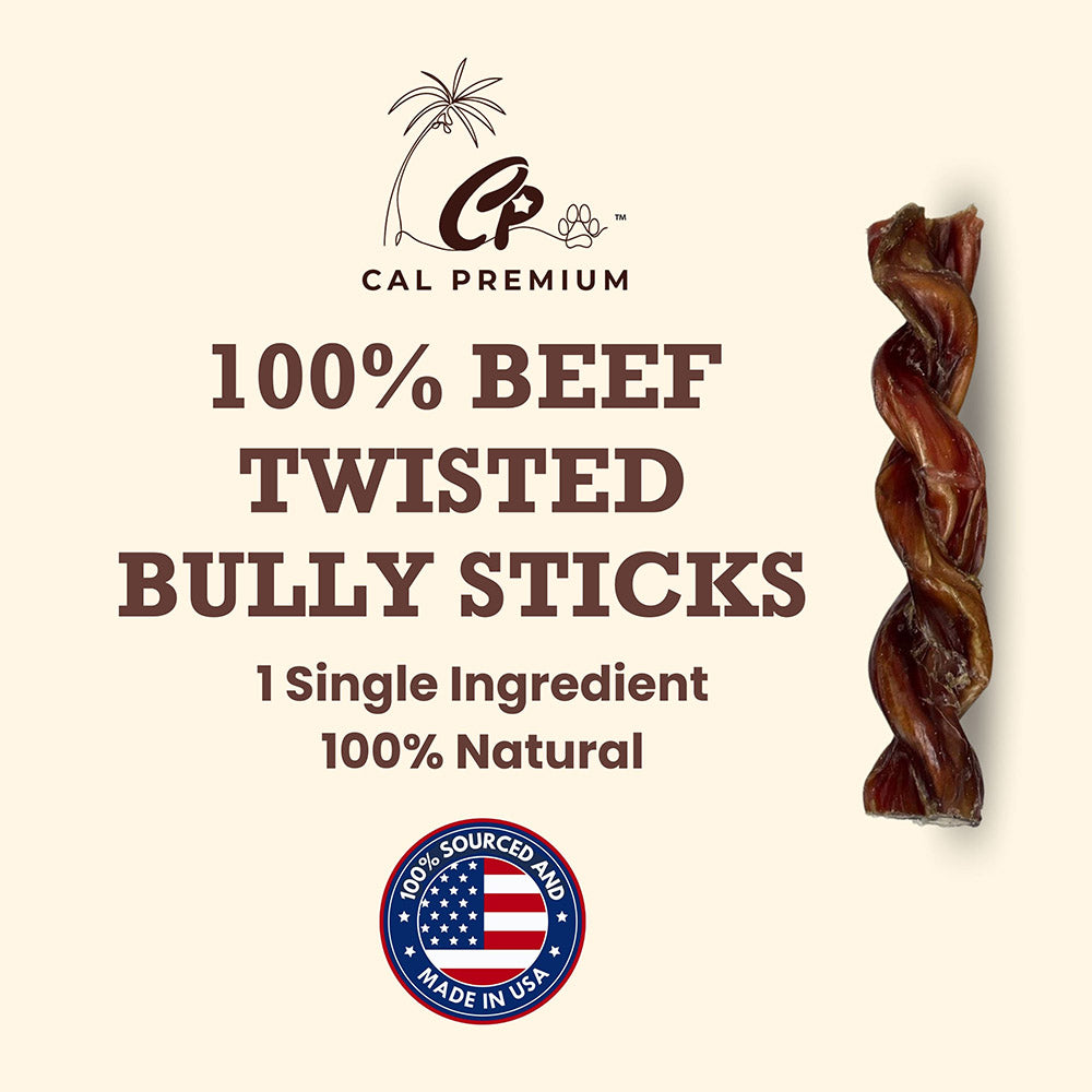 Cal Premium Twisted Bully Stick Dog Chew - 5-7 inch twisted beef bully stick, single ingredient, made in USA - PetMax Canada