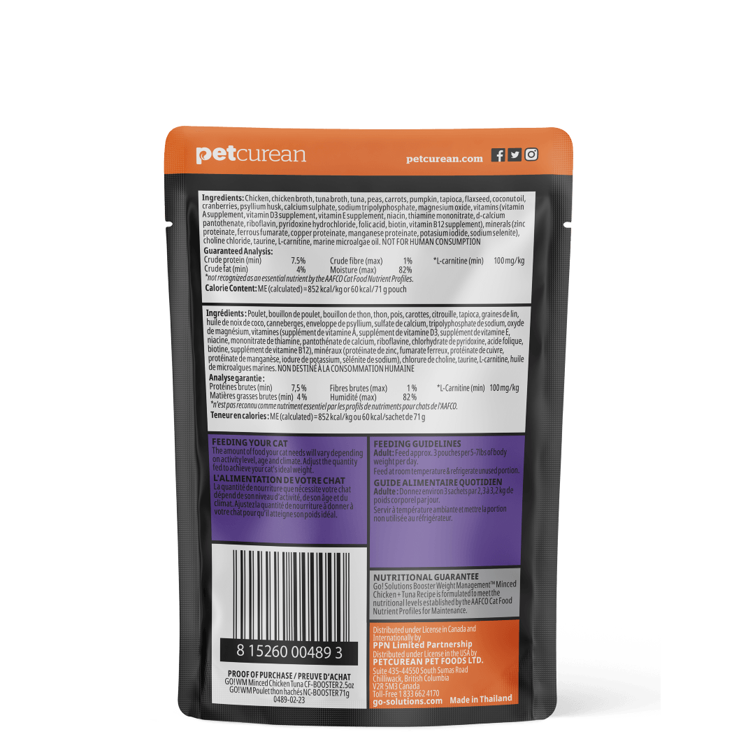 Go! Booster Weight Management Minced Chicken And Tuna With Gravy For Cats - 71g - Canned Cat Food - Go! - PetMax Canada