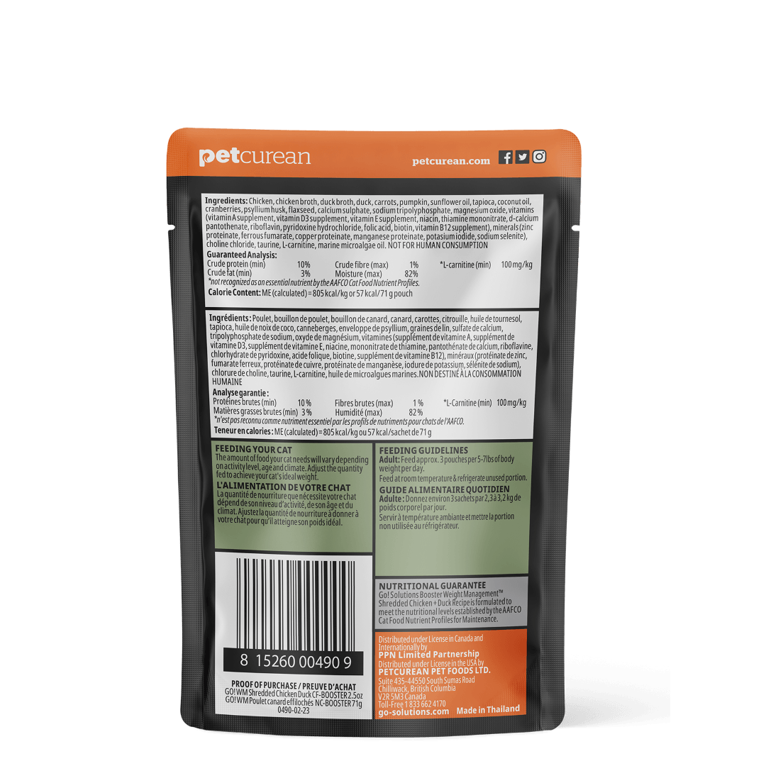 Go! Booster Weight Management Shredded Chicken And Duck In Broth For Cats - 71g - Canned Cat Food - Go! - PetMax Canada