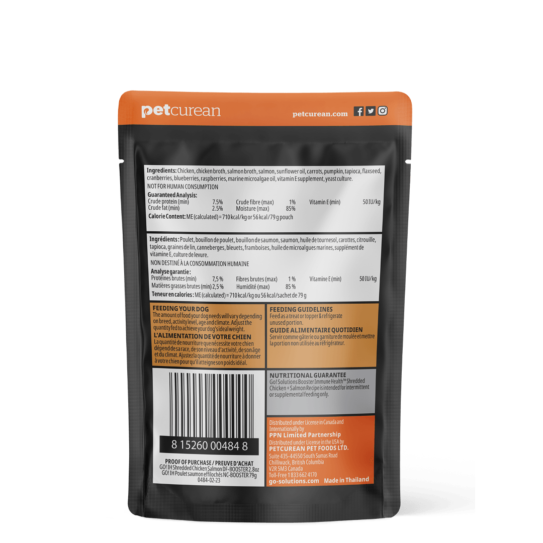 Go! Booster Immune Health Shredded Chicken And Salmon In Broth Meal Topper For Dogs - 79g - Canned Dog Food - Go! - PetMax Canada