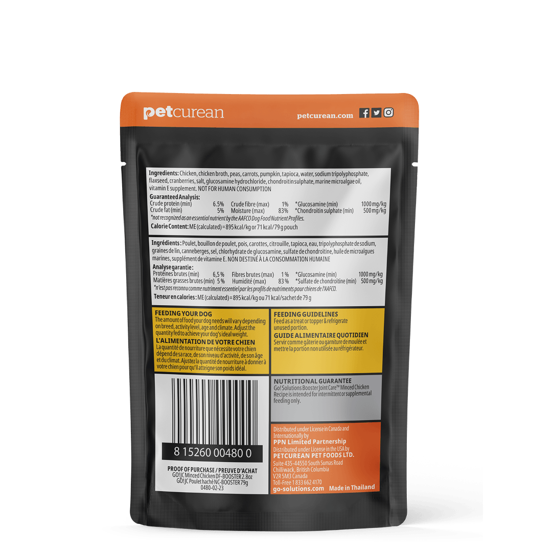 Go! Booster Joint Care Minced Chicken With Gravy Meal Topper For Dogs - 79g - Canned Dog Food - Go! - PetMax Canada