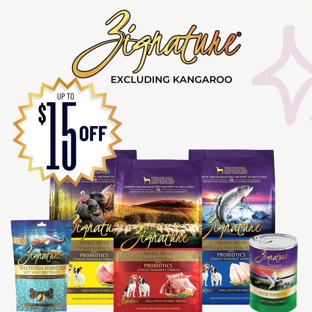 Zignature dry food, wet food, and treats on sale up to $15 off for the month of May