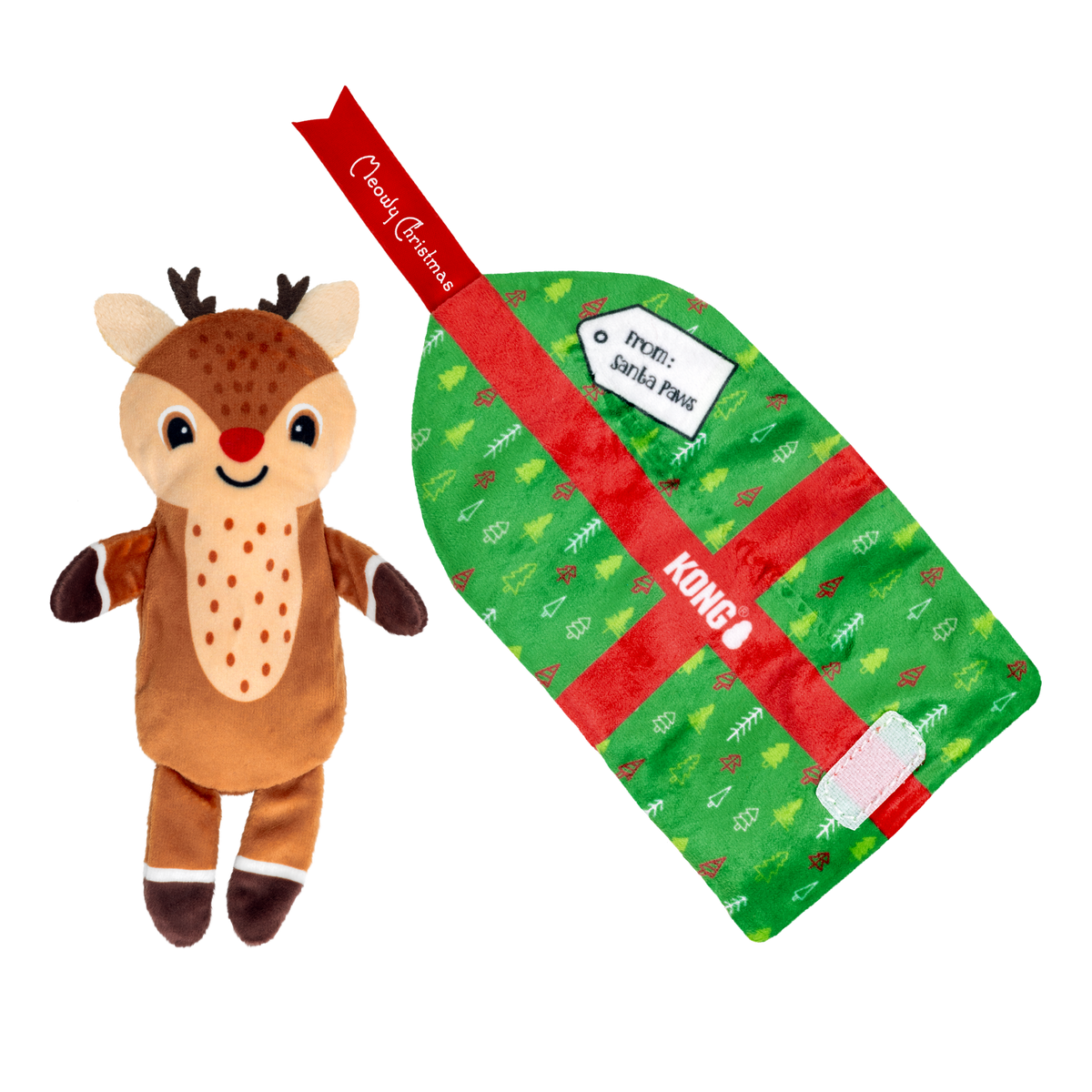 Kong Holiday Pull-A-Partz Present Cat Toy - two toys in one, reindeer and unrolled gift wrap - Kong - PetMax Canada