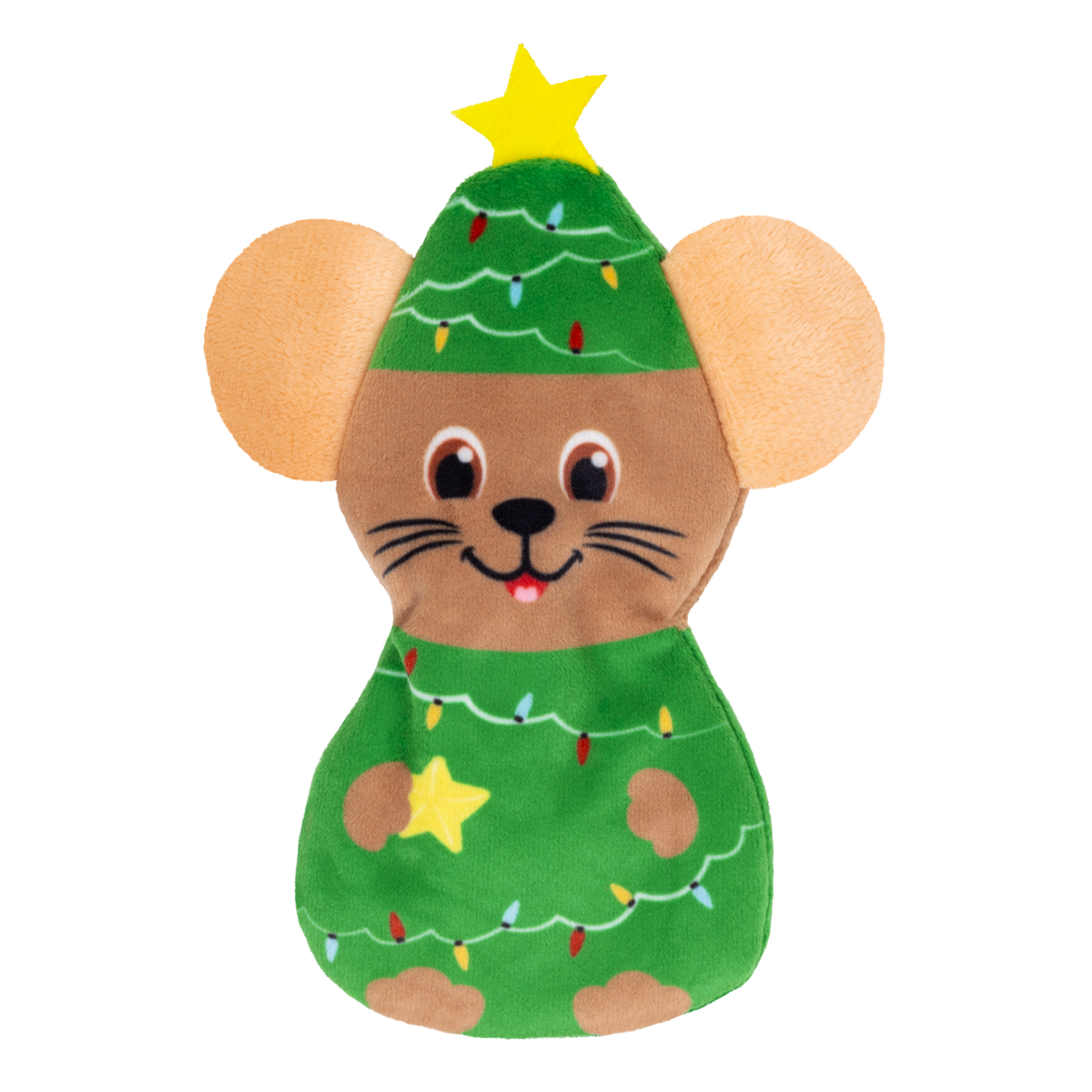 Kong Holiday Refillables Mouse Cat Toy - Front view of the plush mouse in a Christmas-tree costume - Kong - PetMax Canada