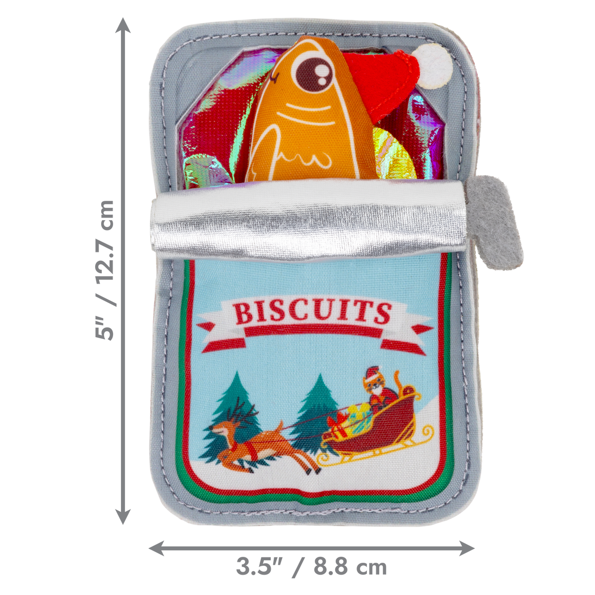 Kong Holiday Crackles Sardine Cat Toy - dimension graphic 5 in (12.7 cm) tall by 3.5 in (8.8 cm) wide - Kong - PetMax Canada