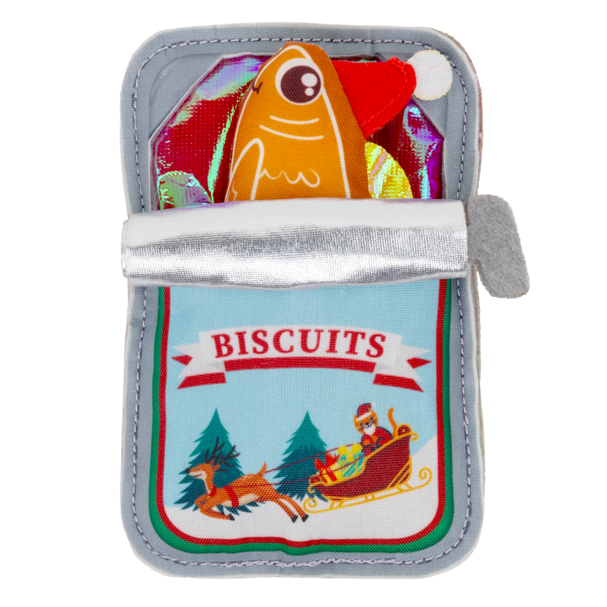 Kong Holiday Crackles Sardine Cat Toy - front view with the fish tucked inside the tin - Kong - PetMax Canada