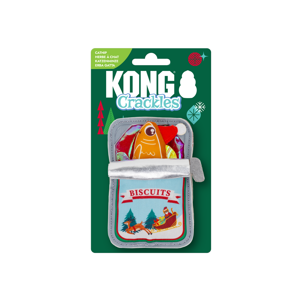 Kong Holiday Crackles Sardine Cat Toy - in its KONG Crackles holiday packaging with catnip flag - Kong - PetMax Canada
