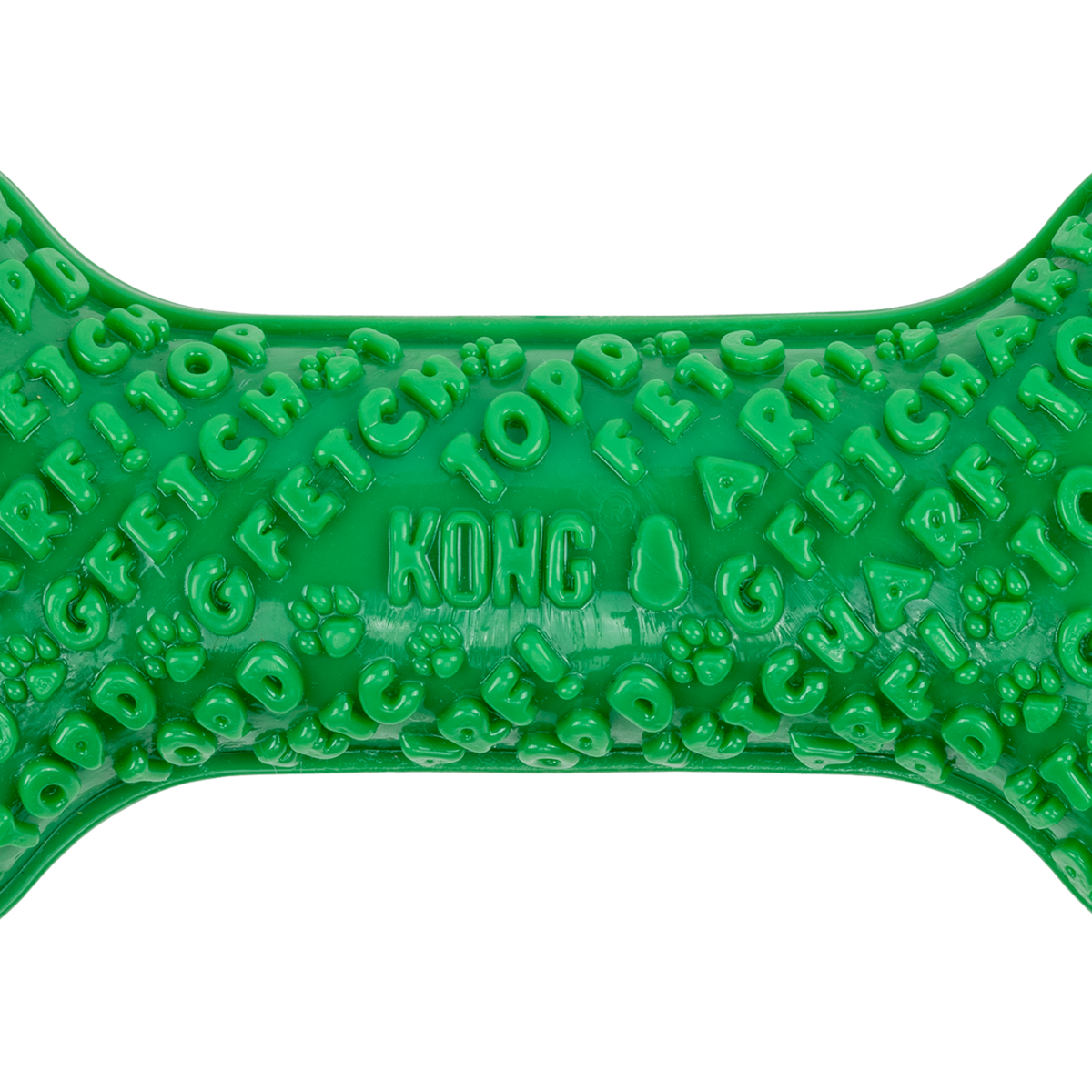 Kong Holiday Core Strength Bone Dog Toy - Green - close-up of raised lettering and paw-print texture - Kong - PetMax Canada