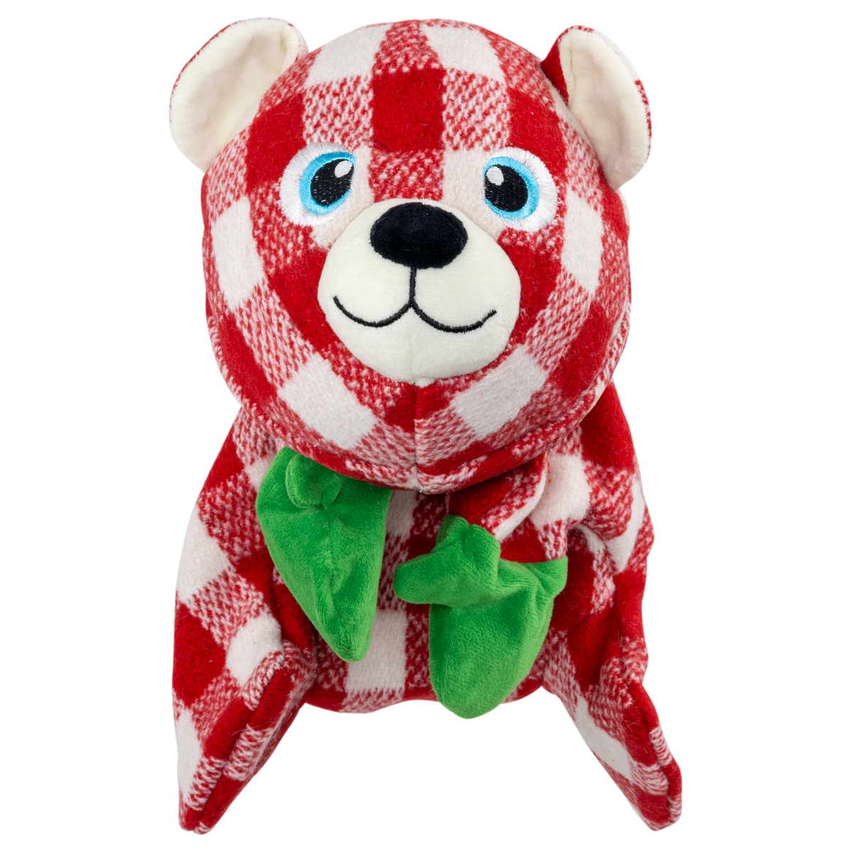 Kong Holiday Low Stuff Flanimalz Bear Dog Toy - front view of red and white check plush bear with green paws - Kong - PetMax Canada