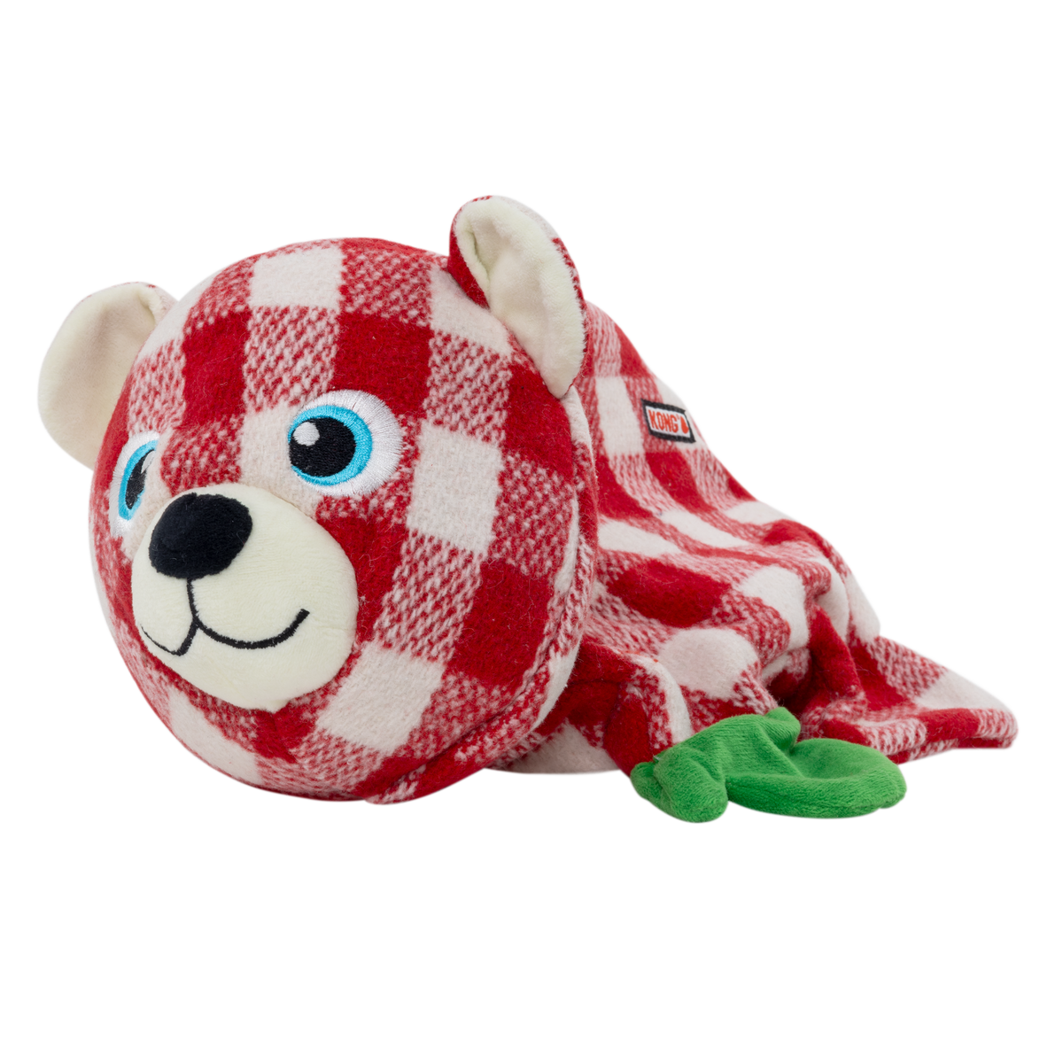 Kong Holiday Low Stuff Flanimalz Bear Dog Toy - bear lying down showing floppy low-stuff body - Kong - PetMax Canada