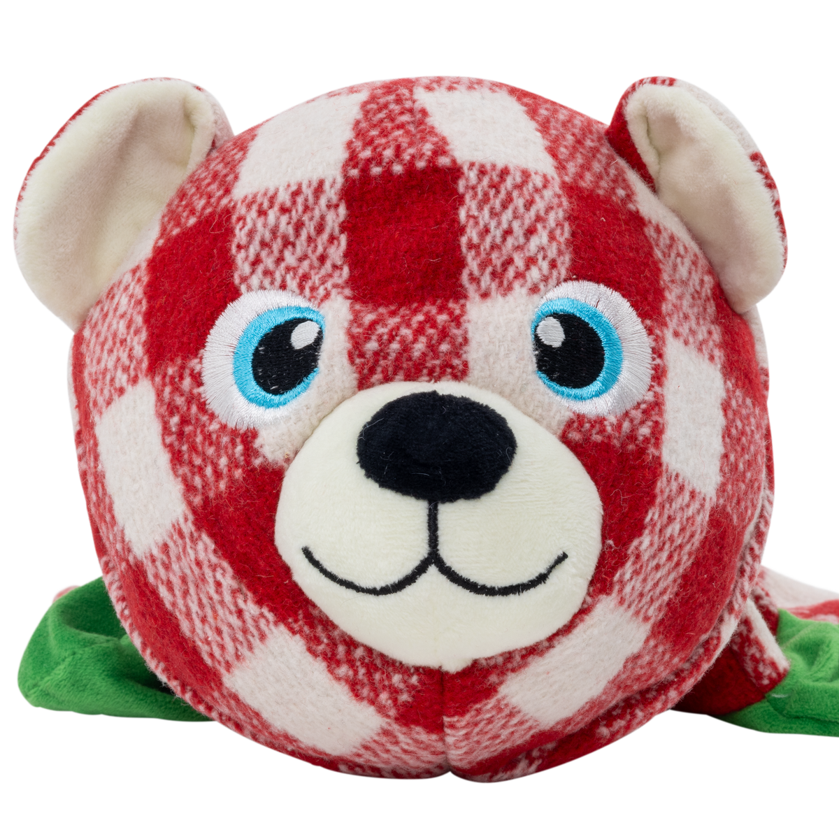 Kong Holiday Low Stuff Flanimalz Bear Dog Toy - close-up of embroidered face and check fabric - Kong - PetMax Canada
