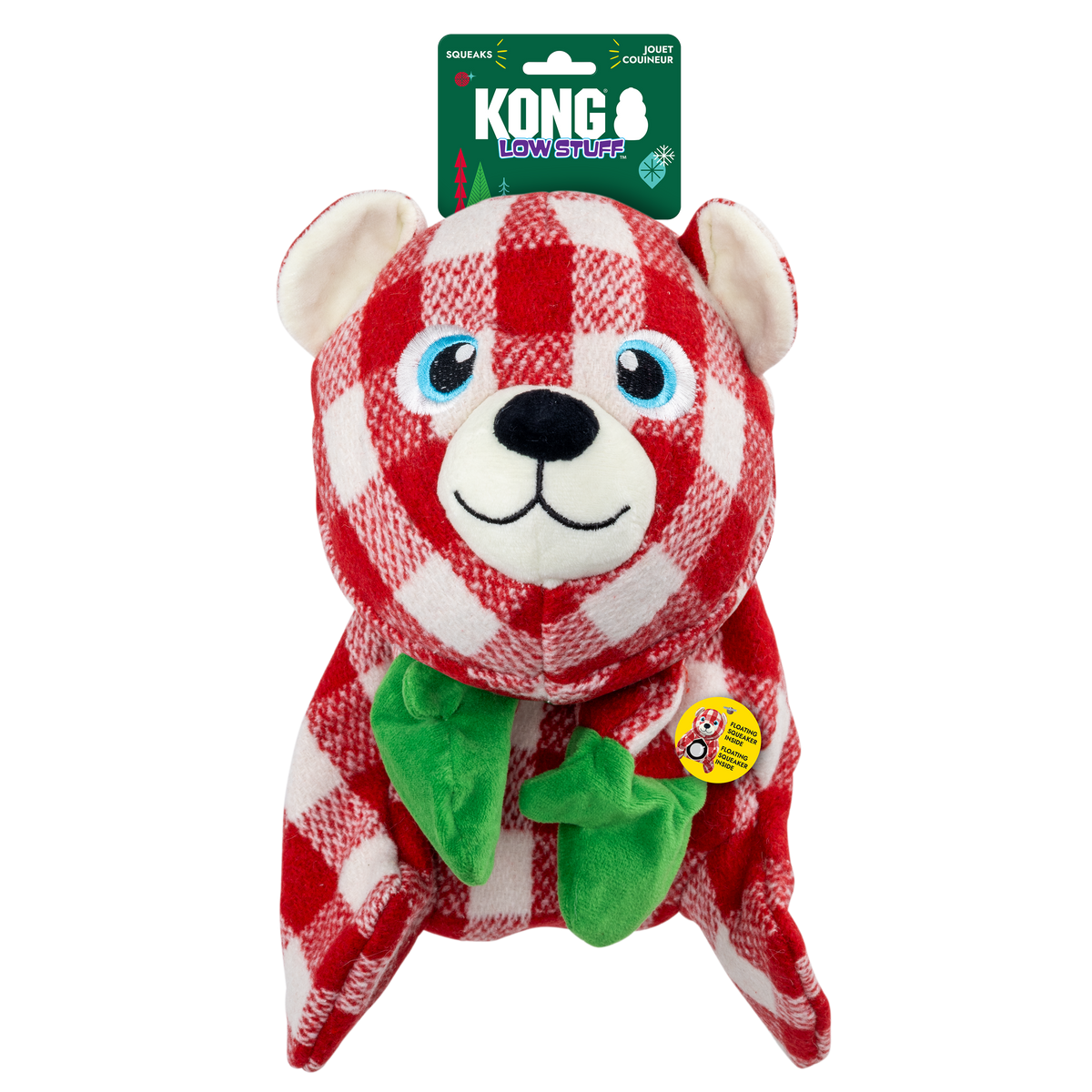 Kong Holiday Low Stuff Flanimalz Bear Dog Toy - bear on KONG Low Stuff hang tag with floating squeaker sticker - Kong - PetMax Canada