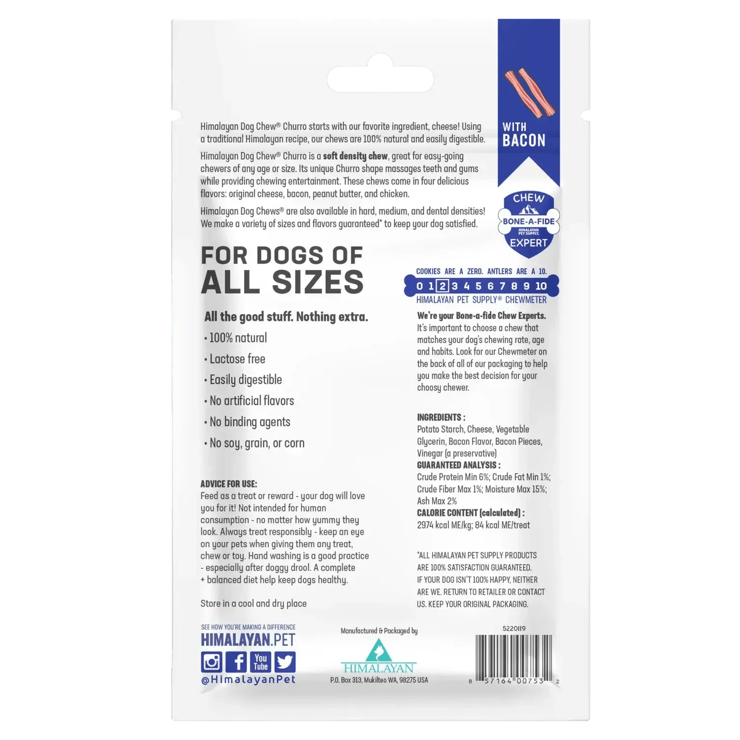 Himalayan Dog Chew Churro Bacon Dog Treat - 10 inch stick - Dog Treats - Himalayan Pet Supply - PetMax Canada