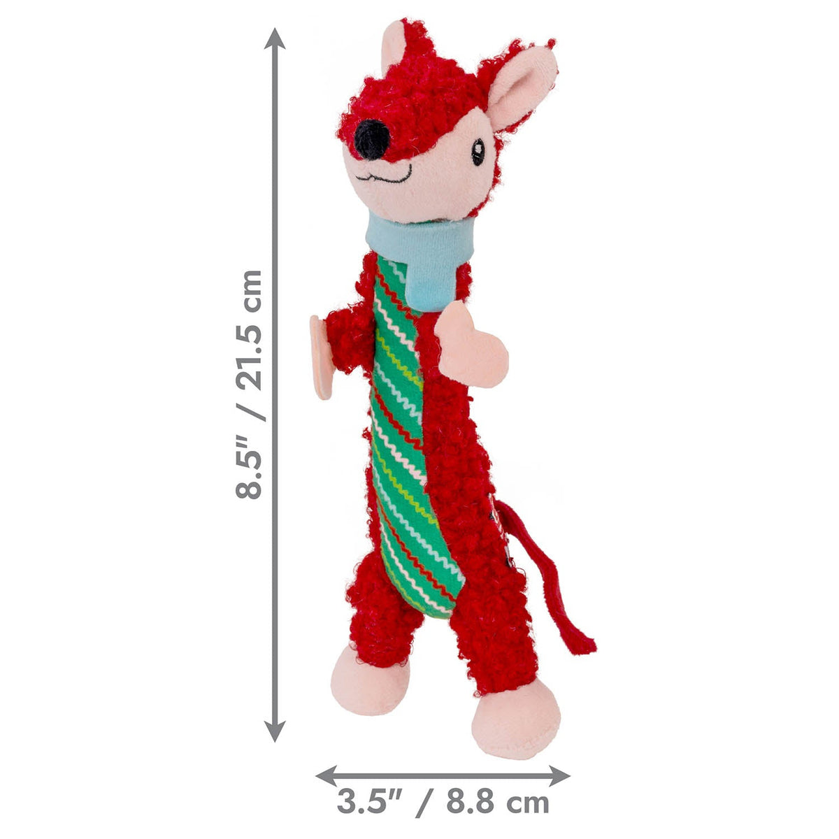 Kong Holiday Luvs Fox Cat Toy - Red - Dimension graphic showing 8.5 in (21.5 cm) tall and 3.5 in (8.8 cm) wide - Kong - PetMax Canada