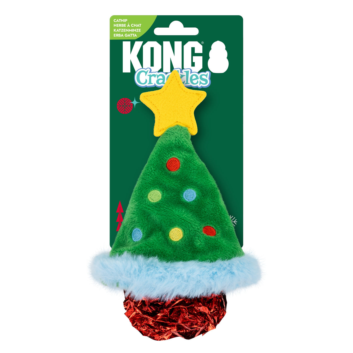 Kong Holiday Crackles Christmas Tree Cat Toy - Green - in KONG Crackles catnip hang-card packaging - Kong - PetMax Canada