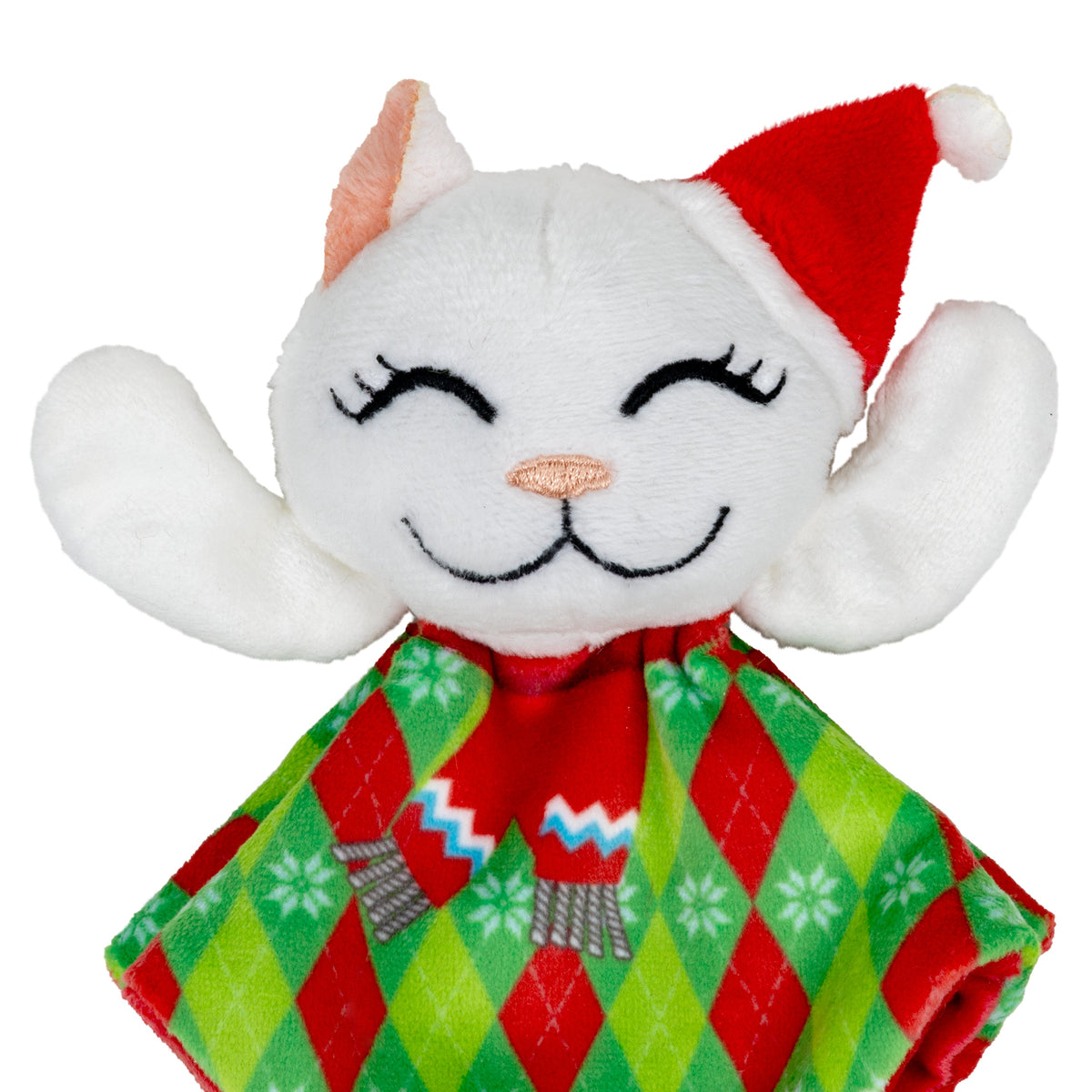 Kong Holiday Crackles Santa Kitty Cat Toy - Close-up of embroidered kitten face, Santa hat and printed scarf - Kong - PetMax Canada
