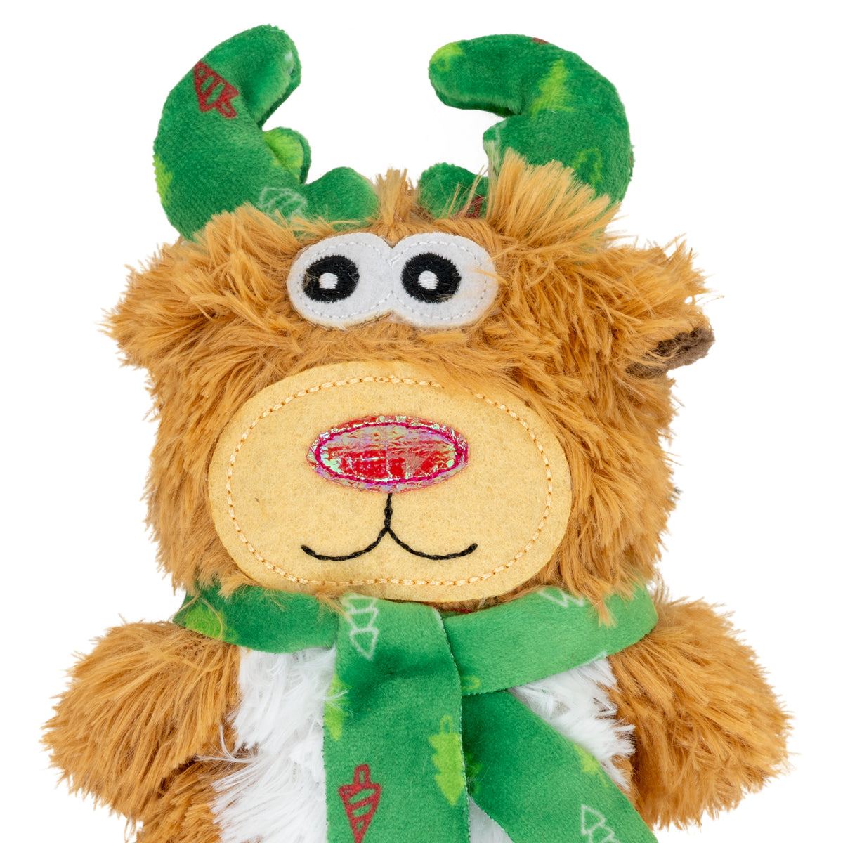 Kong Holiday Kickeroo Character Cat Toy - Assorted Characters - close-up of the reindeer face, antlers and scarf - Kong - PetMax Canada