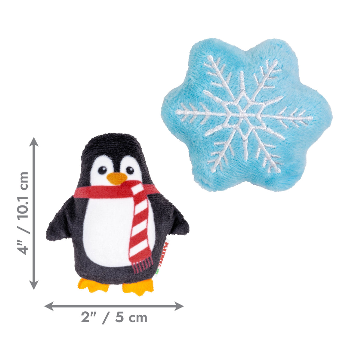 Kong Holiday Scrattles Penguin & Snowflake Cat Toy 2-Pack - Dimension graphic showing the penguin 4 in by 2 in (10.1 x 5 cm) - Kong - PetMax Canada