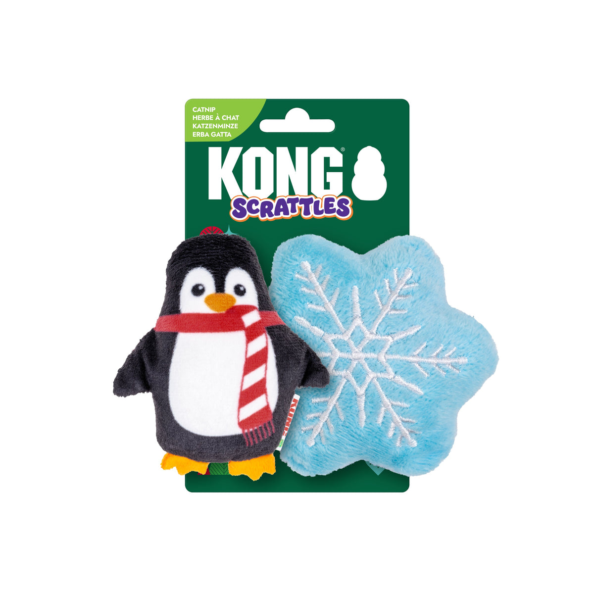 Kong Holiday Scrattles Penguin & Snowflake Cat Toy 2-Pack - Penguin and snowflake on the KONG Scrattles catnip hang card - Kong - PetMax Canada