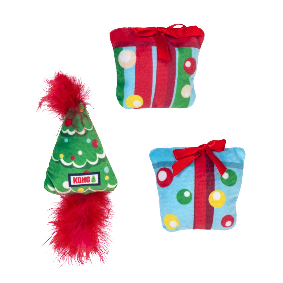Kong Holiday Teaser Dual Cat Toy - close-up of the plush Christmas tree and two gift box toys - Kong - PetMax Canada