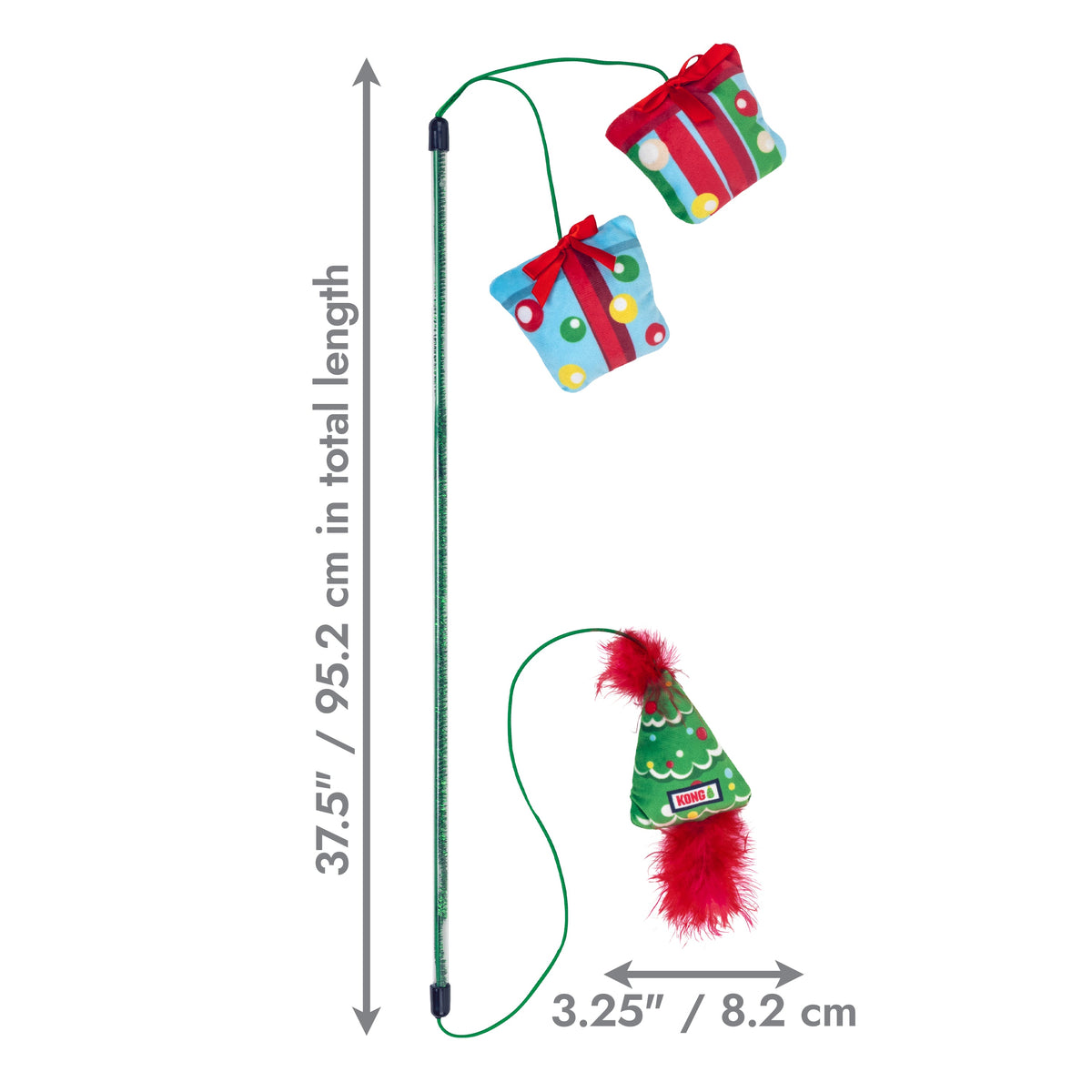 Kong Holiday Teaser Dual Cat Toy - dimension graphic showing 37.5 in total length and 3.25 in tree - Kong - PetMax Canada
