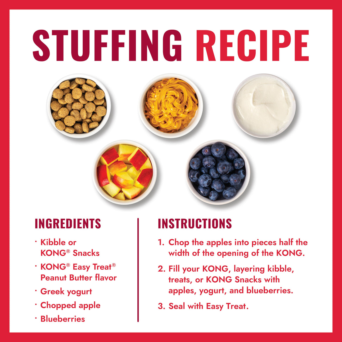 Kong Holiday Stuff-A-Ball Dog Toy - KONG stuffing recipe with kibble, yogurt, apple and blueberries - Kong - PetMax Canada