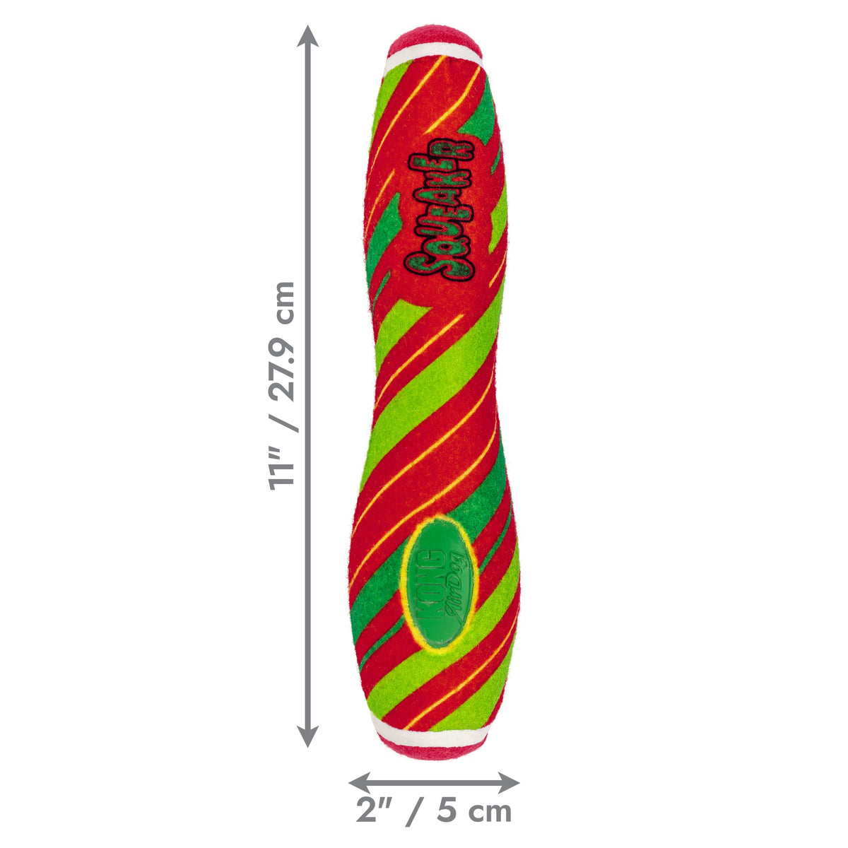 Kong Holiday AirDog Squeaker Stick Dog Toy - Striped - Dimension graphic showing 11 in (27.9 cm) long by 2 in (5 cm) wide - Kong - PetMax Canada