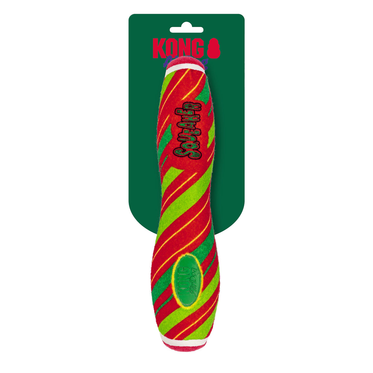 Kong Holiday AirDog Squeaker Stick Dog Toy - Striped - Squeaker stick on its green KONG AirDog holiday header card - Kong - PetMax Canada