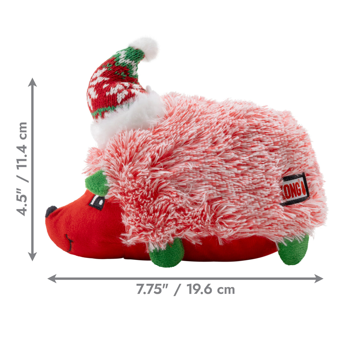 Kong Holiday Comfort HedgeHug Dog Toy - Red - dimension graphic showing 7.75 in (19.6 cm) long by 4.5 in (11.4 cm) high - Kong - PetMax Canada