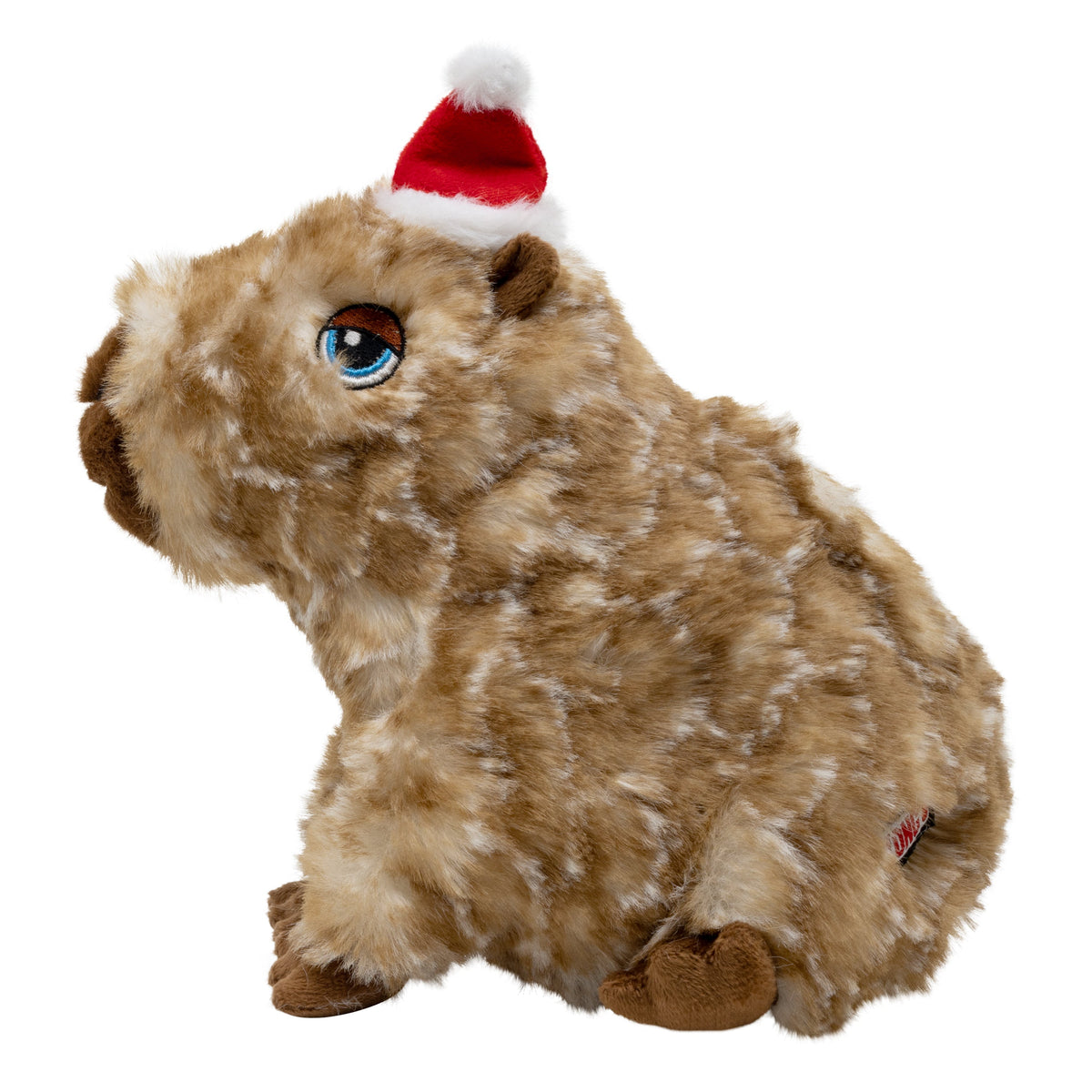 Kong Holiday Comfort Wuzzeez Capybara Dog Toy - side view of capybara plush in Santa hat - Kong - PetMax Canada
