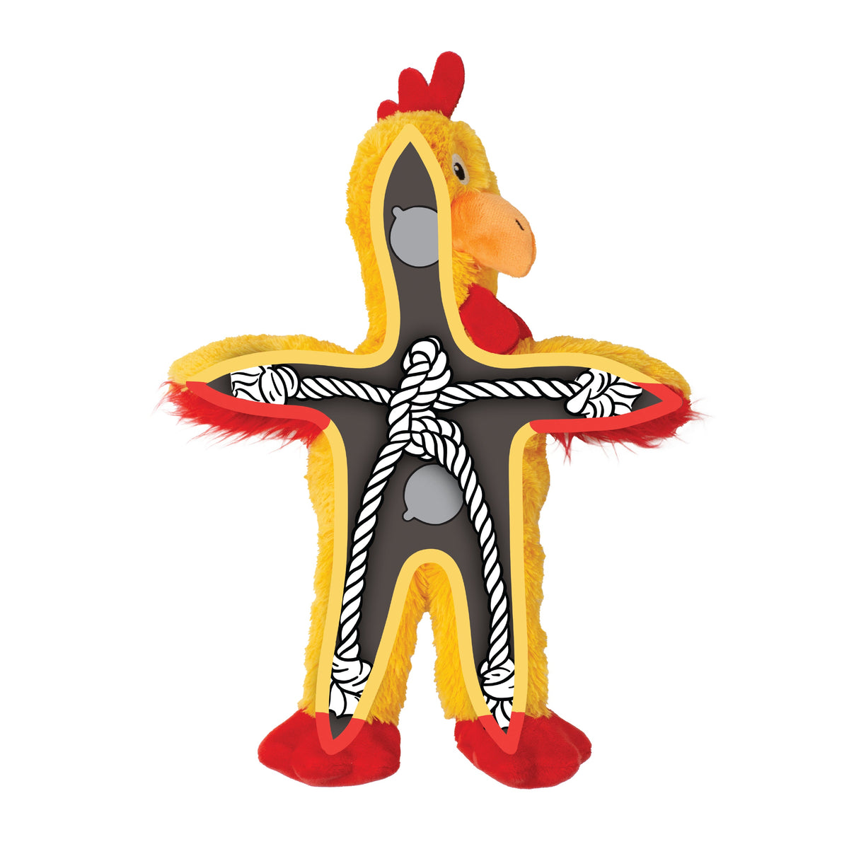Kong Holiday Knots Chicken Dog Toy - cutaway graphic showing internal knotted rope and squeakers - Kong - PetMax Canada