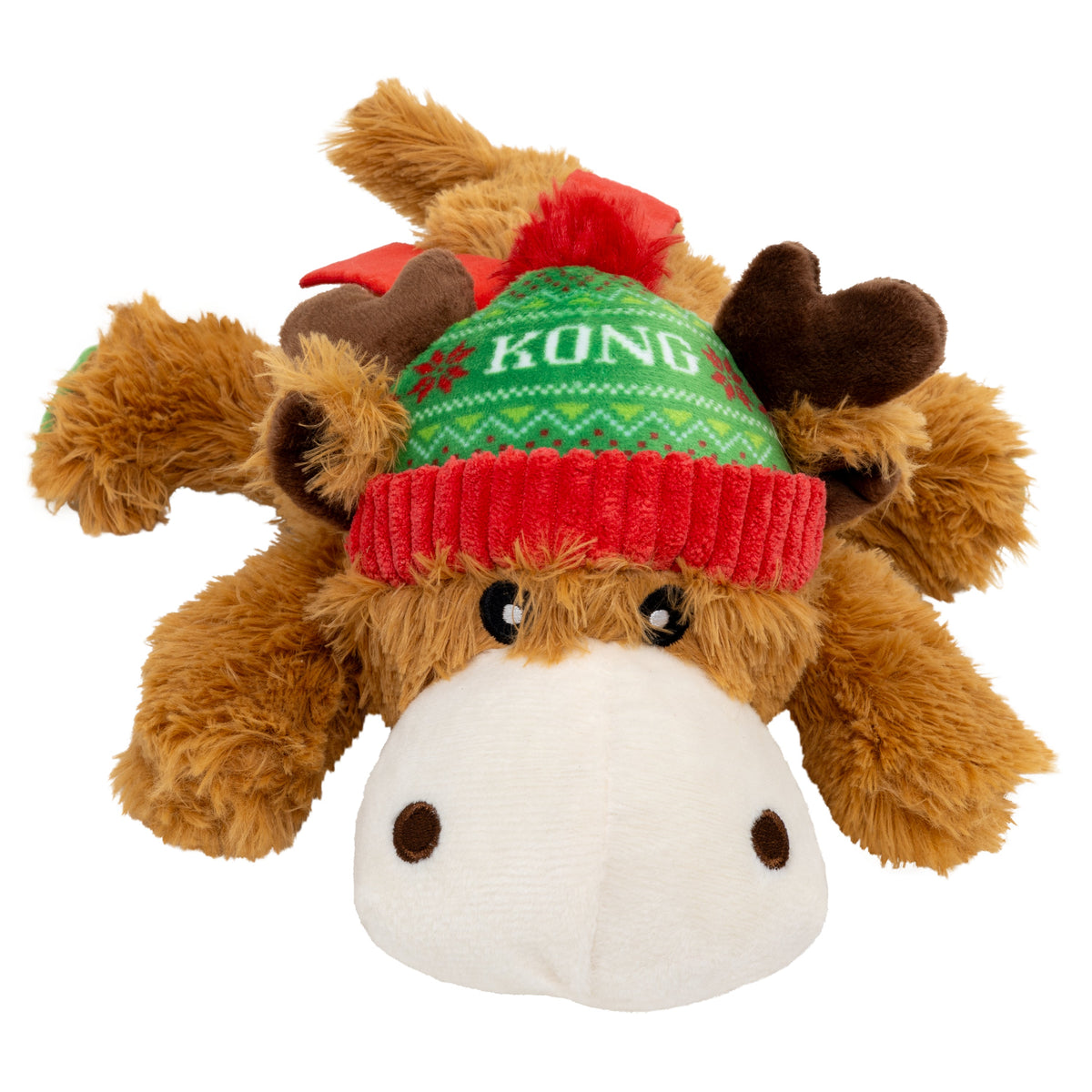 Kong Holiday Cozie Reindeer Dog Toy - Red/Green - Front view of plush reindeer in green KONG cap and red scarf - Kong - PetMax Canada